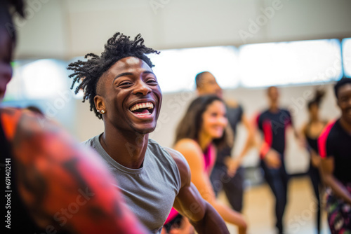 Afro american man is dancing in studio, hip-hop dancers at practice, smiling, singing. Free dance workshops for children from poor families.
