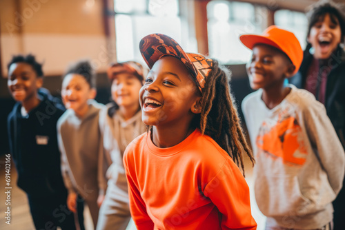 Afro american girl is dancing in studio, hip-hop dancers at practice, smiling, singing. Free dance workshops for children from poor families. photo
