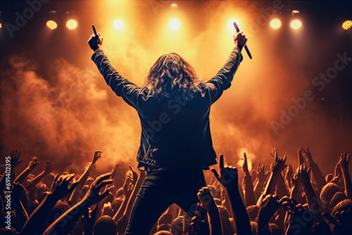 Rock singer on the concert. Male's silhouette illuminated by stage lights at a rock concert. photo