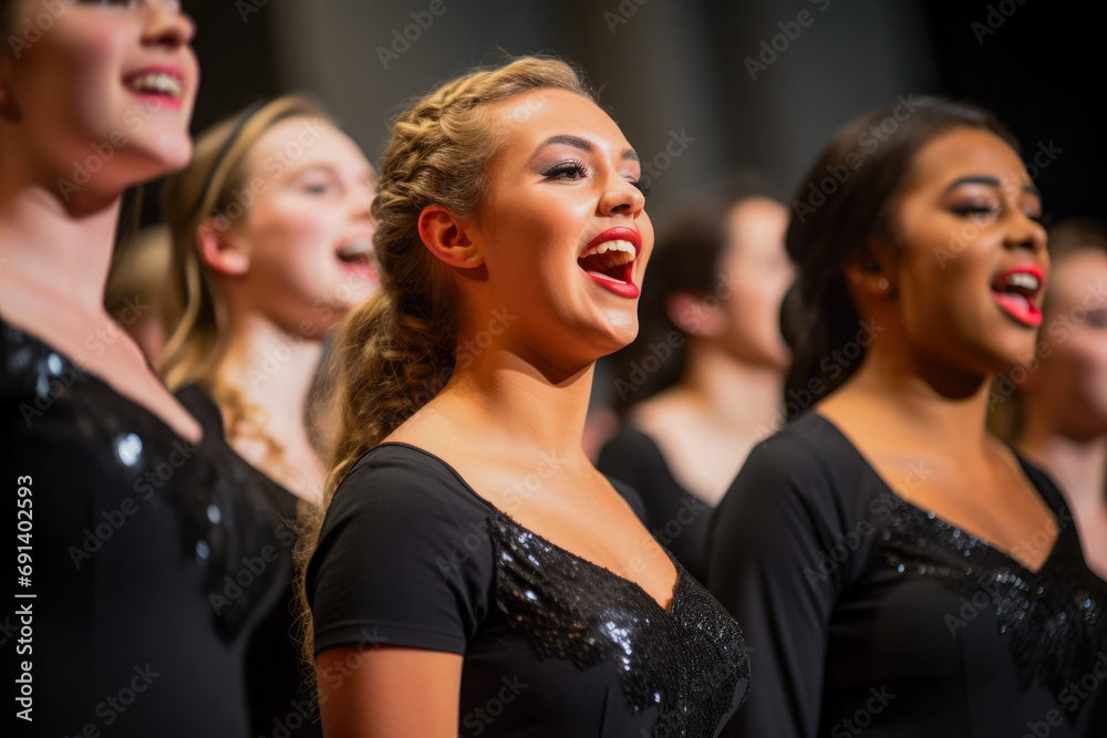 Singers performing at the concert, at audition. A group of carolers singing heartily in chorus.