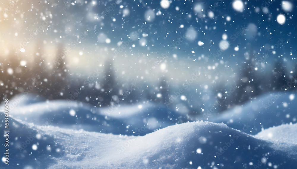 Beautiful background image of light snowfall falling over of snowdrifts