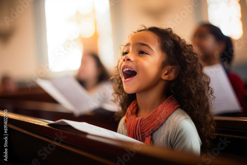 Afro american man singing in the church. Gospel singer singing. Joyful devotion, faith and belief in God religion concept. photo