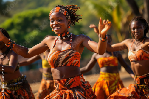 Cultural tribe dancers. Young african woman dancing in local music festival. Traditional dances in Africa. photo