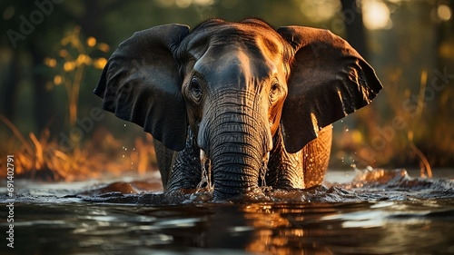 Asian young tusker bathing in water. Wildlife generative AI. 