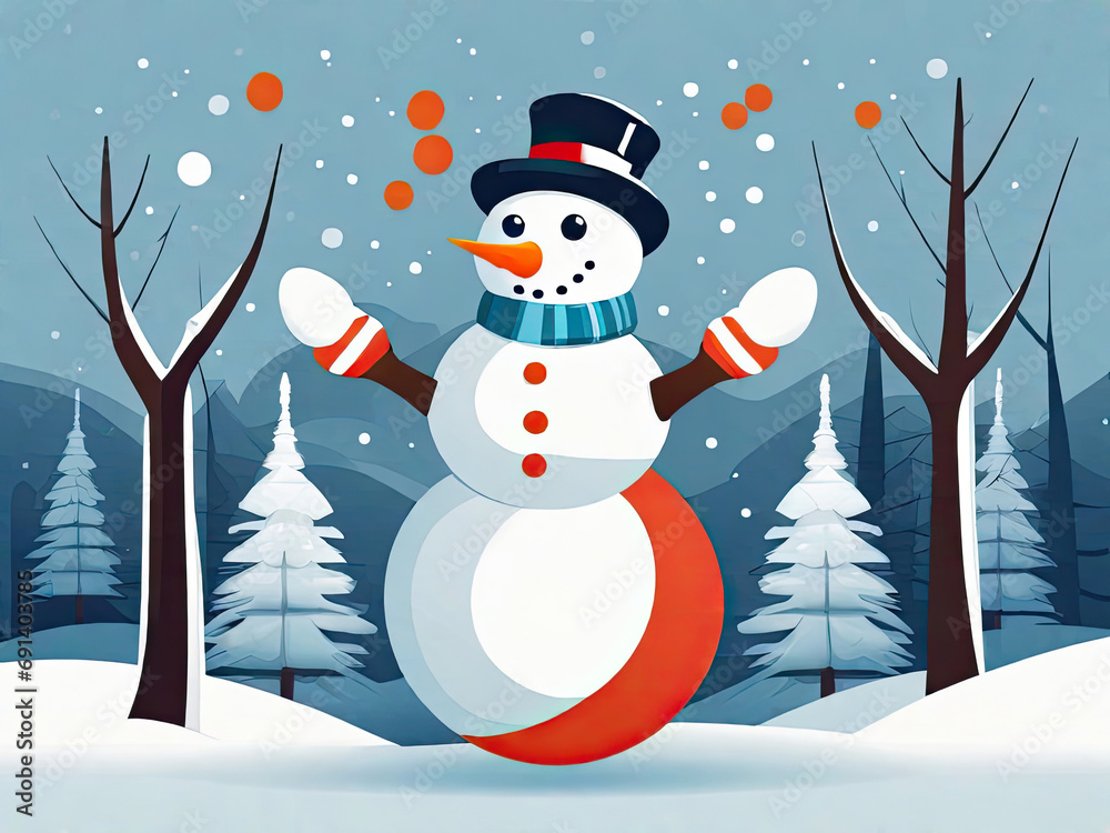 Fototapeta premium Cute happy snowman illustration. Traditional winter season symbol.
