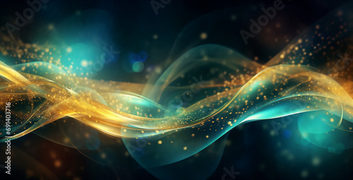 a blue and yellow abstract background with a wave of light coming out of it's center and a blurry light coming out of the middle, Evolumetric lights, generative ai