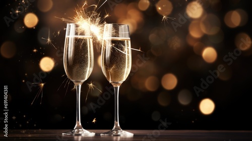 Two glasses of champagne over blur spots lights background. Celebration concept. Generative AI