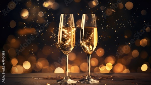 Two glasses of champagne over blur spots lights background. Celebration concept. Generative AI