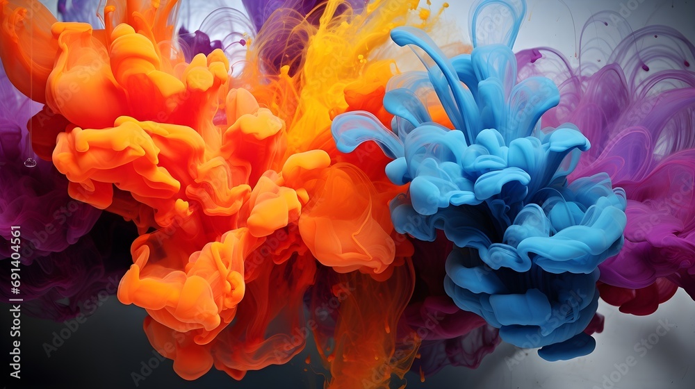 Image that features the delicate and balletic movements of ink blossoming in water. Experiment with vibrant colors and intricate patterns, background image, generative AI