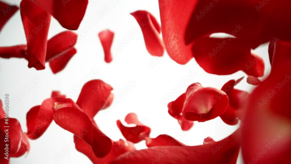Super Slow Motion of Falling Rose Petals on White Background. Camera Placed on High Speed Cine bot, Rotating Around. Filmed on High Speed Cinema Camera, 1000 fps. Super Slow Motion of Falling Rose Petals on White Background. Camera Placed on High Speed Cine bot, Rotating Around. Filmed on High Speed Cinema Camera, 1000 fps.