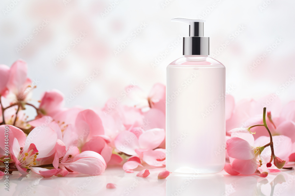 a bottle of lotion sitting on a table with pink flowers a bottle of lotion sitting on a table with pink flowers