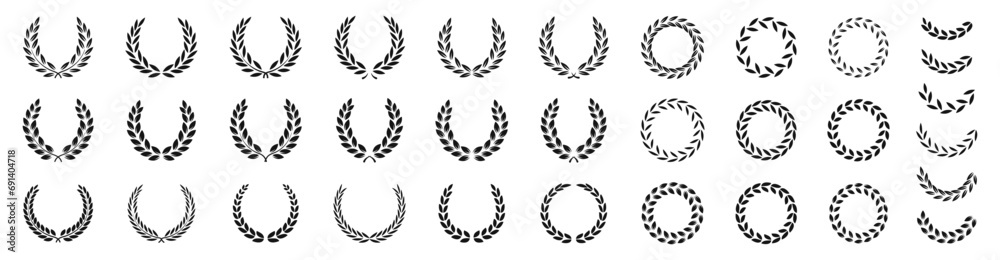 Vector wreaths collection. Chaplet emblems. Laurel wreath vector icon set. Wreaths and branches with leaves.