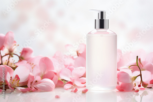 a bottle of lotion sitting on a table with pink flowers