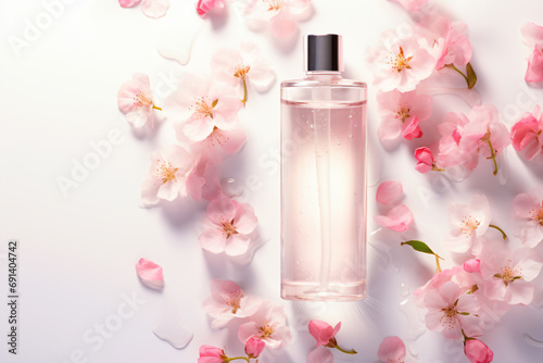 a bottle of perfume surrounded by pink flowers