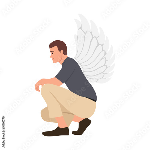 A beautiful and self confident businessman with wings. Kneeling down. Flat vector illustration isolated on white background