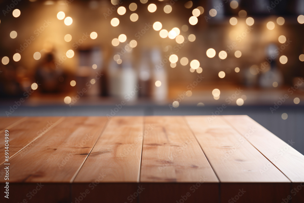 a wooden table with a blurry background