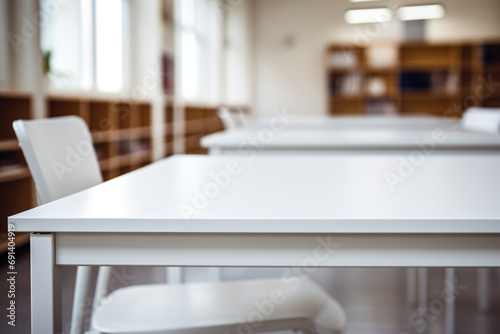 a table with chairs and a book shelf in the background