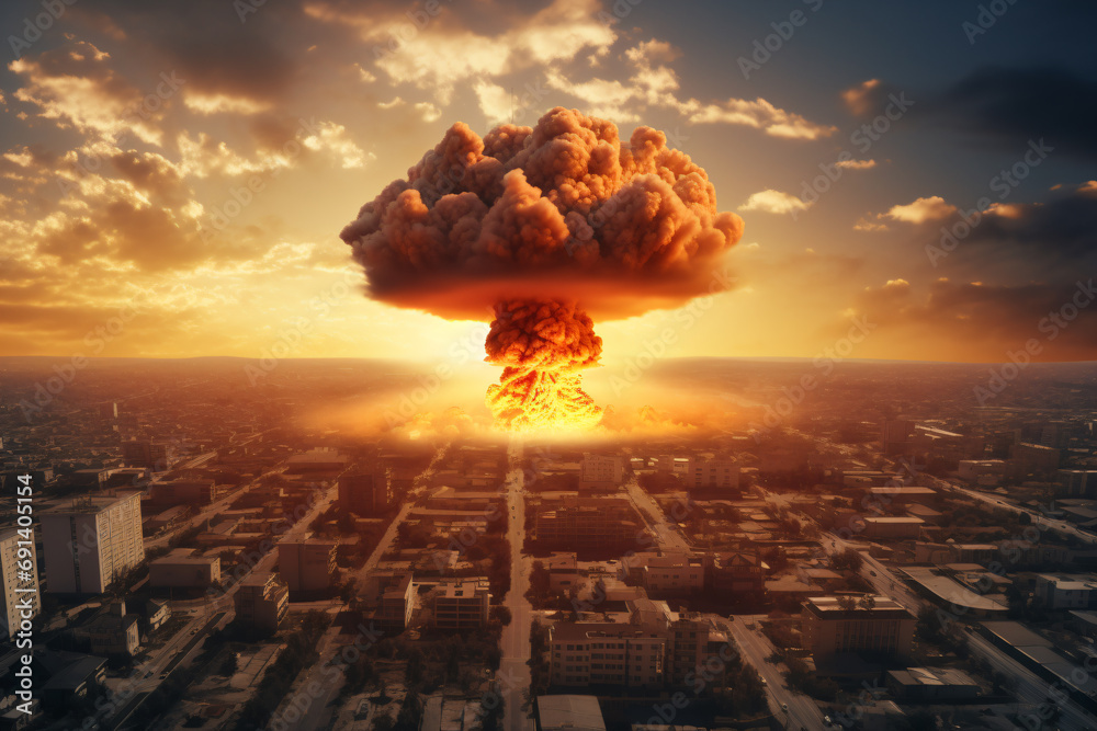 a large cloud of smoke rising over a city - obrazy, fototapety, plakaty 