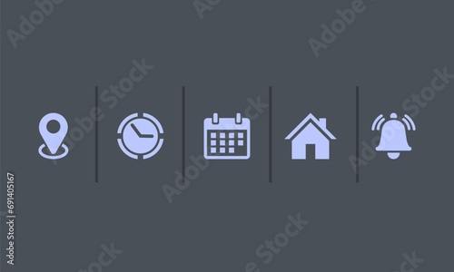 Location, Map pin, Address, date, time, Place, contact, Calendar, Notification bell set web icons vector illustration