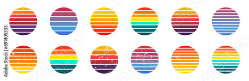 Retro sunset collection. Vintage sun icons. Sunset vintage design. Abstract cyberpunk sunset designs. Retrowave sunset collection.