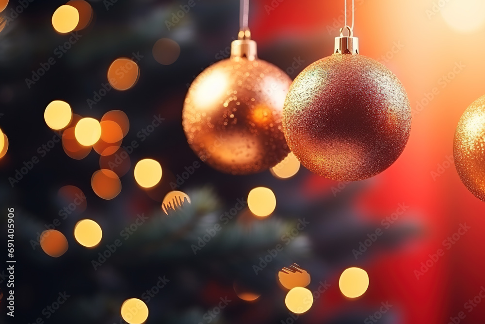 Christmas balls on a decorated Christmas tree with a garland of lights. Winter holidays concept Christmas balls on a decorated Christmas tree with a garland of lights. Winter holidays concept