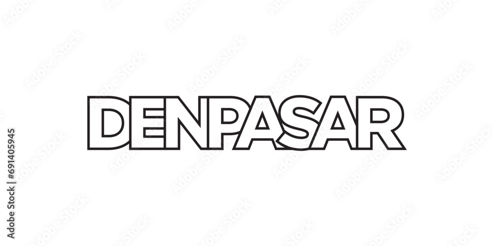 Denpasar in the Indonesia emblem. The design features a geometric style, vector illustration with bold typography in a modern font. The graphic slogan lettering.