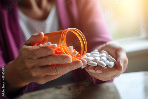 Close up of elderly sick ill woman hands pouring capsules from medication bottle, taking painkiller supplement medicine. Pharmaceutical healthcare treatment concept. photo