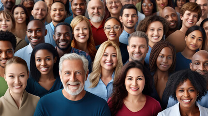 Group of happy multiethnic and multi aged people smiling to camera.
