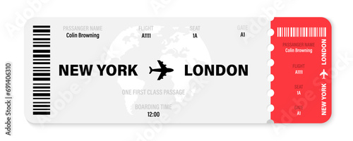 Realistic plane ticket design. Airline ticket vector illustration. Airline boarding pass ticket. photo