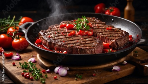 Juicy marbled beef steak with tomatoes, onions, parsley, cowberries in a frying pan. Wooden kitchen. A delicious dinner of meat and vegetables. Nutritious food. photo