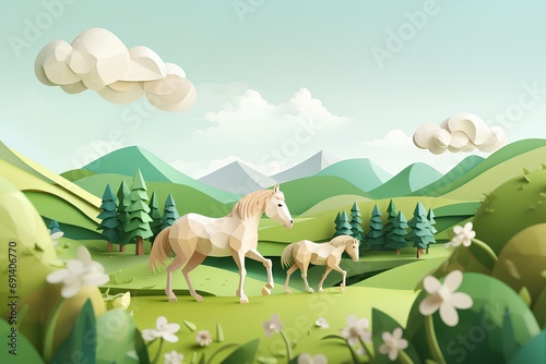 馬と草原（ペーパークラフト）