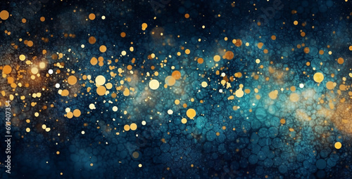 a blurry image of gold and blue lights on a dark background with a blurry image of a blue background, galaxy, digital art, space art, generative ai
