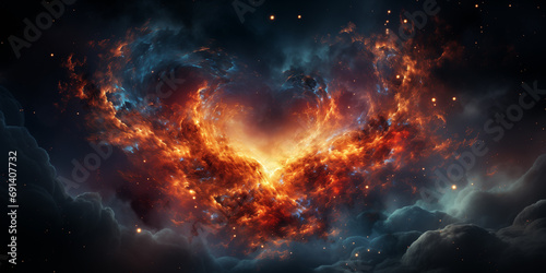 Heart shaped nebula galaxy background. Valentine\'s day, 14 february theme. Passion, love and romance.