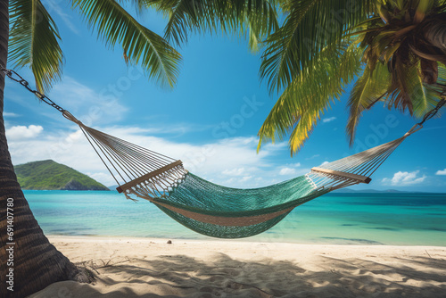 Caribbean Bliss: Relaxing Hammock Scene with Turquoise Water and Palm Trees