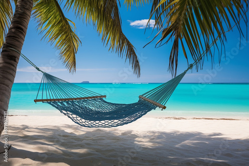 Caribbean Bliss: Relaxing Hammock Scene with Turquoise Water and Palm Trees © Maximilien