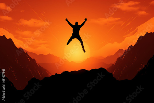 Symbolic Soar: Person Jumping Between Mountains in Front of an Orange Sunset