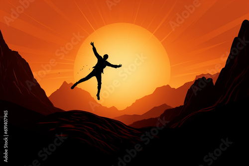 Symbolic Soar: Person Jumping Between Mountains in Front of an Orange Sunset