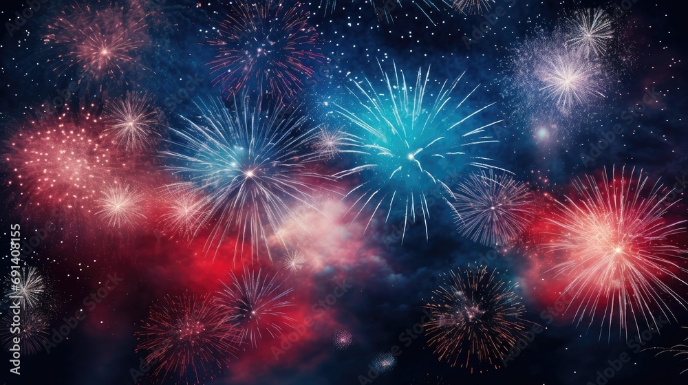 Celebration with fireworks on the dark sky. Generative AI Celebration with fireworks on the dark sky. Generative AI