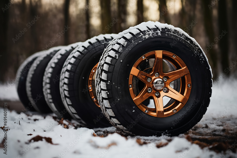 a car wheels on the background of a winter road and a beautiful landscape, a snow-covered forest, a concept of traffic safety on a slippery road a car wheels on the background of a winter road and a beautiful landscape, a snow-covered forest, a concept of traffic safety on a slippery road