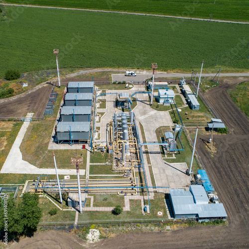 Gas production rigs. Gas production, processing and transportation. View from a drone.