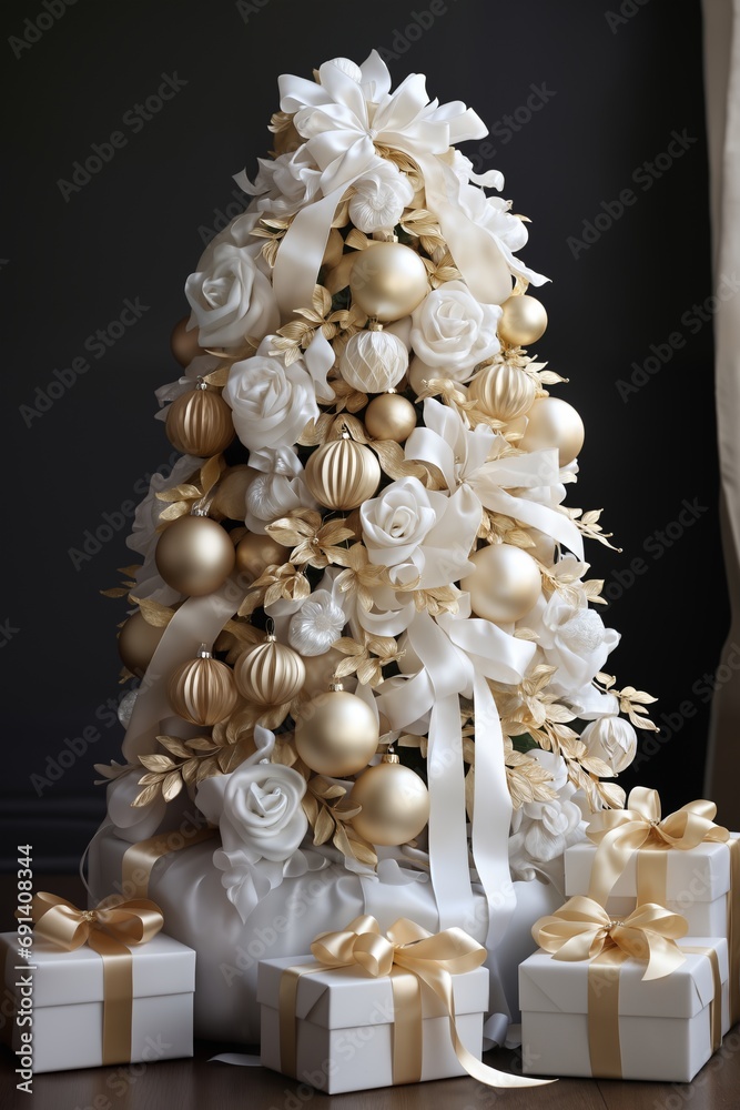 Christmas tree decorated for New Year's holiday on a dark background, with gifts and balls, winter season