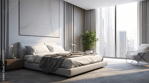 Modern bedroom bed with gray linens and big window © Arima