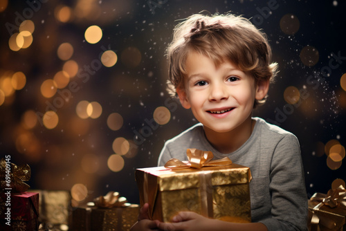 Magical Christmas Glow: Smiling Boy Surrounded by Gifts and Tree Bokeh
