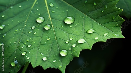 Zoom of green leaf with water droplets. Wet leaf after rain