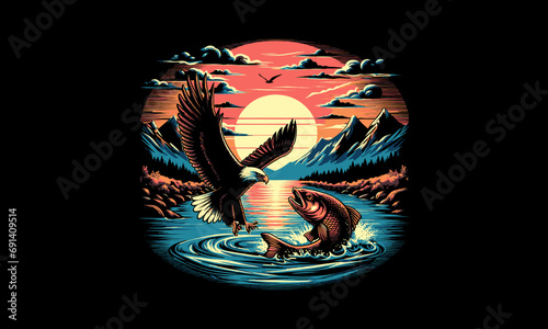 flying eagle on sea and fish vector illustration artwork design