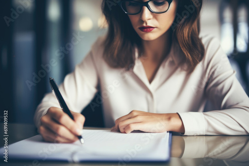 Woman writing intently in a notebook. The concept is focused work and creativity.