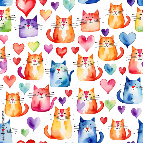 Seamless pattern. Multi-colored watercolor cats and hearts. Seamless background for the design of paper packaging, wrapper, invitation and congratulations. Valentine's Day.