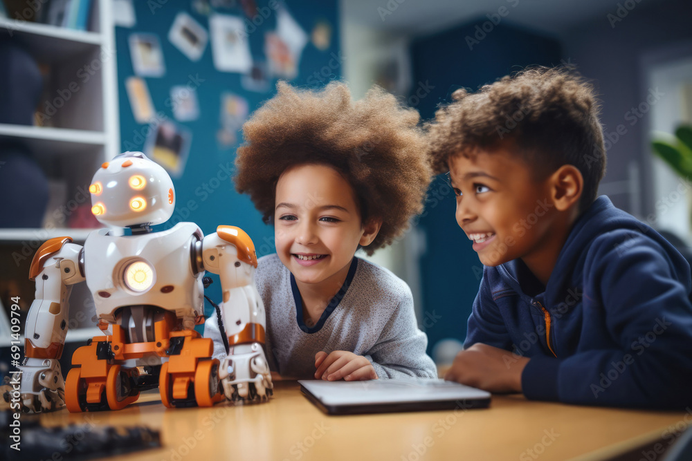 Naklejka premium Multiethnic group of students studying in school classroom. Kids learning technology basic. Robotic lesson for children. Educational concept for multi racial children