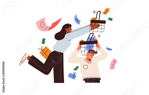 Sales concept. Consumers catch discounts, collect gifts in basket. Shopaholic customers add purchases in cart on Black Friday. Online shopping, marketing. Flat isolated vector illustration on white