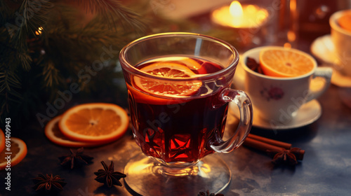 Mulled wine in glass cup.